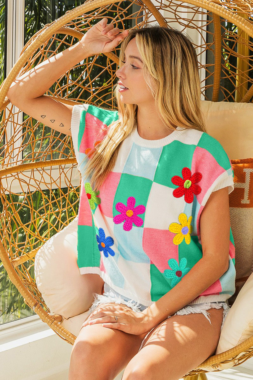 BiBi Flower Patch Checkered Sweater Vest BiBi Flower Patch Checkered Sweater Vest - TopFashionHQ