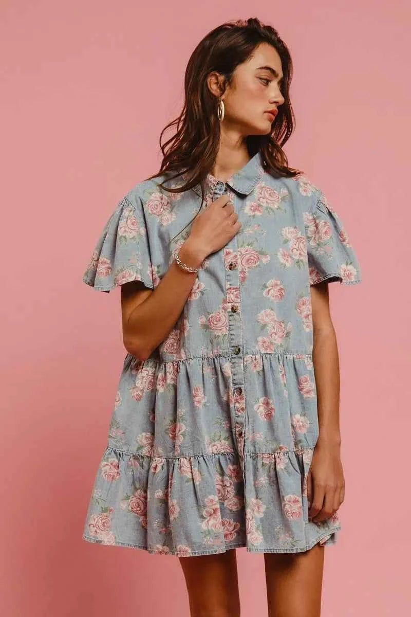 BiBi Floral Print Washed Lightweight Tiered Shirt Dress BiBi Floral Print Washed Lightweight Tiered Shirt Dress