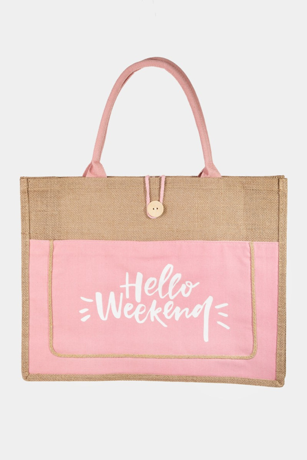 Fame Hello Weekend Burlap Tote Bag Fame Hello Weekend Burlap Tote Bag