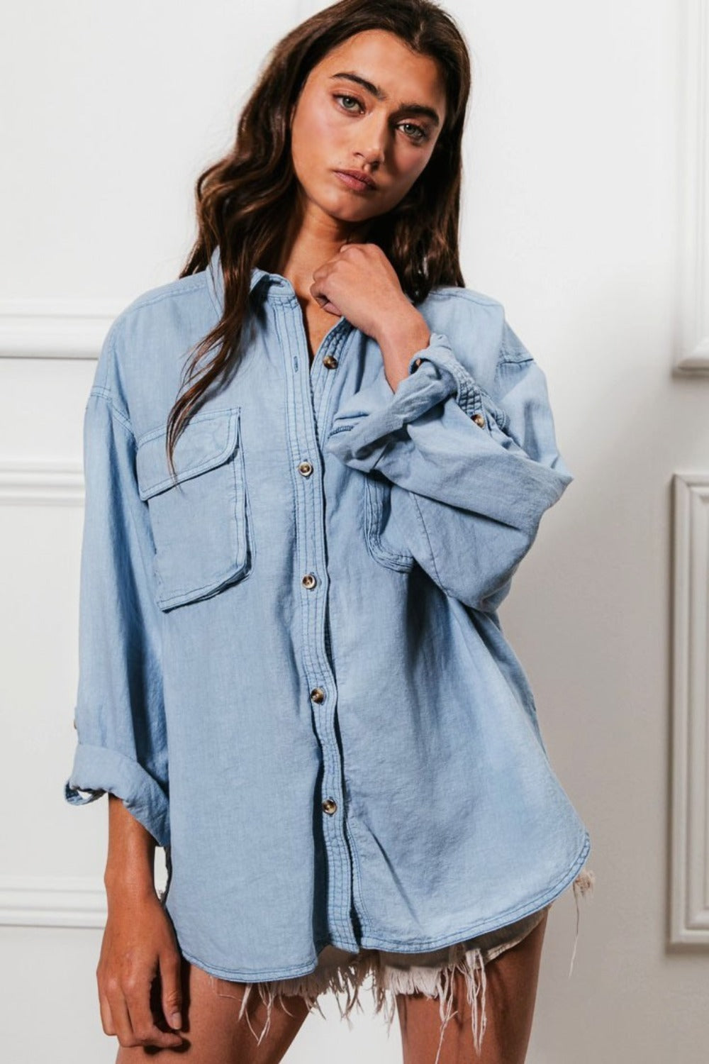 BiBi Button Down Stitch Detail Shirt with Chest Pockets BiBi Button Down Stitch Detail Shirt with Chest Pockets - TopFashionHQ