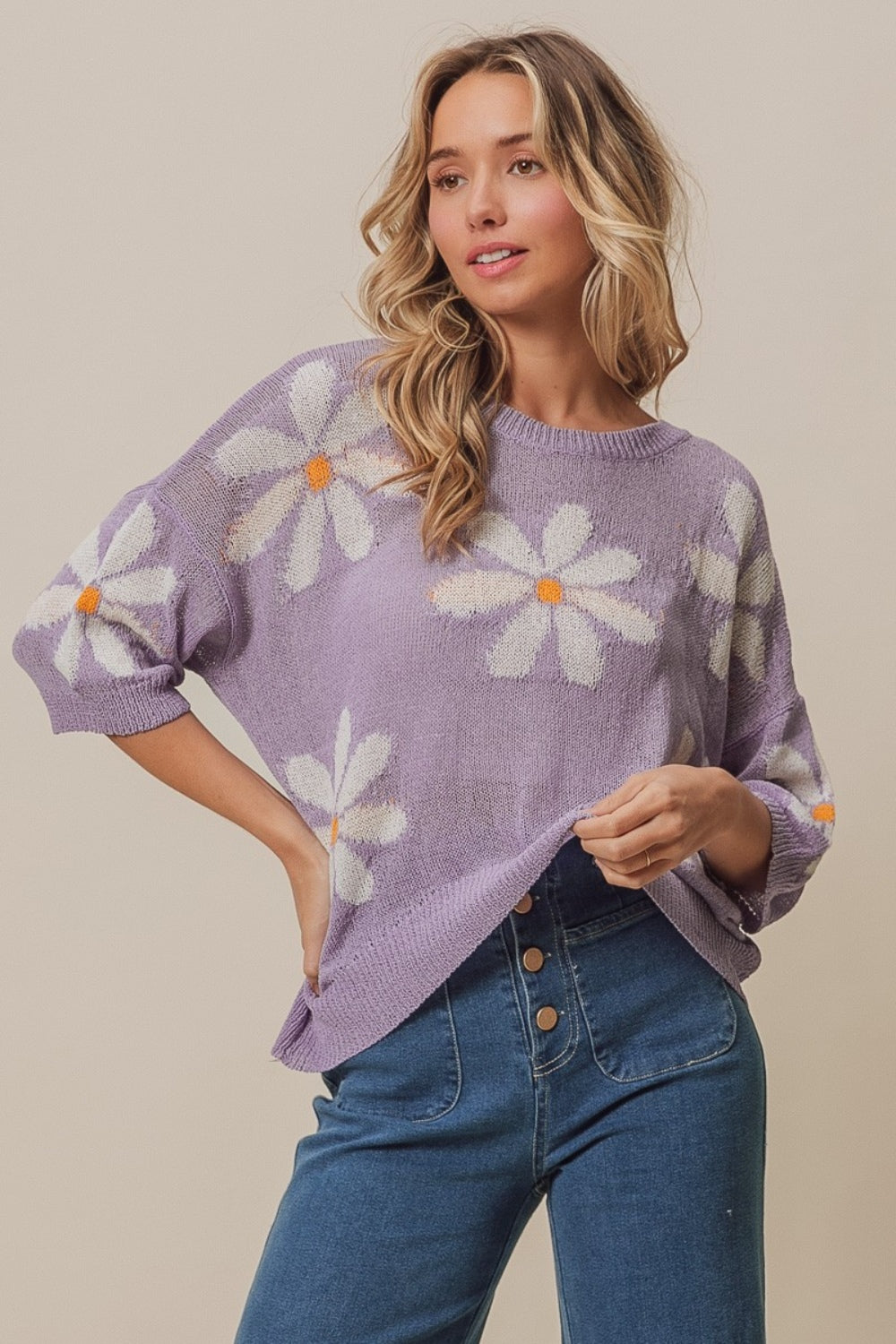 BiBi Floral Pattern Slit Sweater BiBi Floral Pattern Slit Sweater - TopFashionHQ