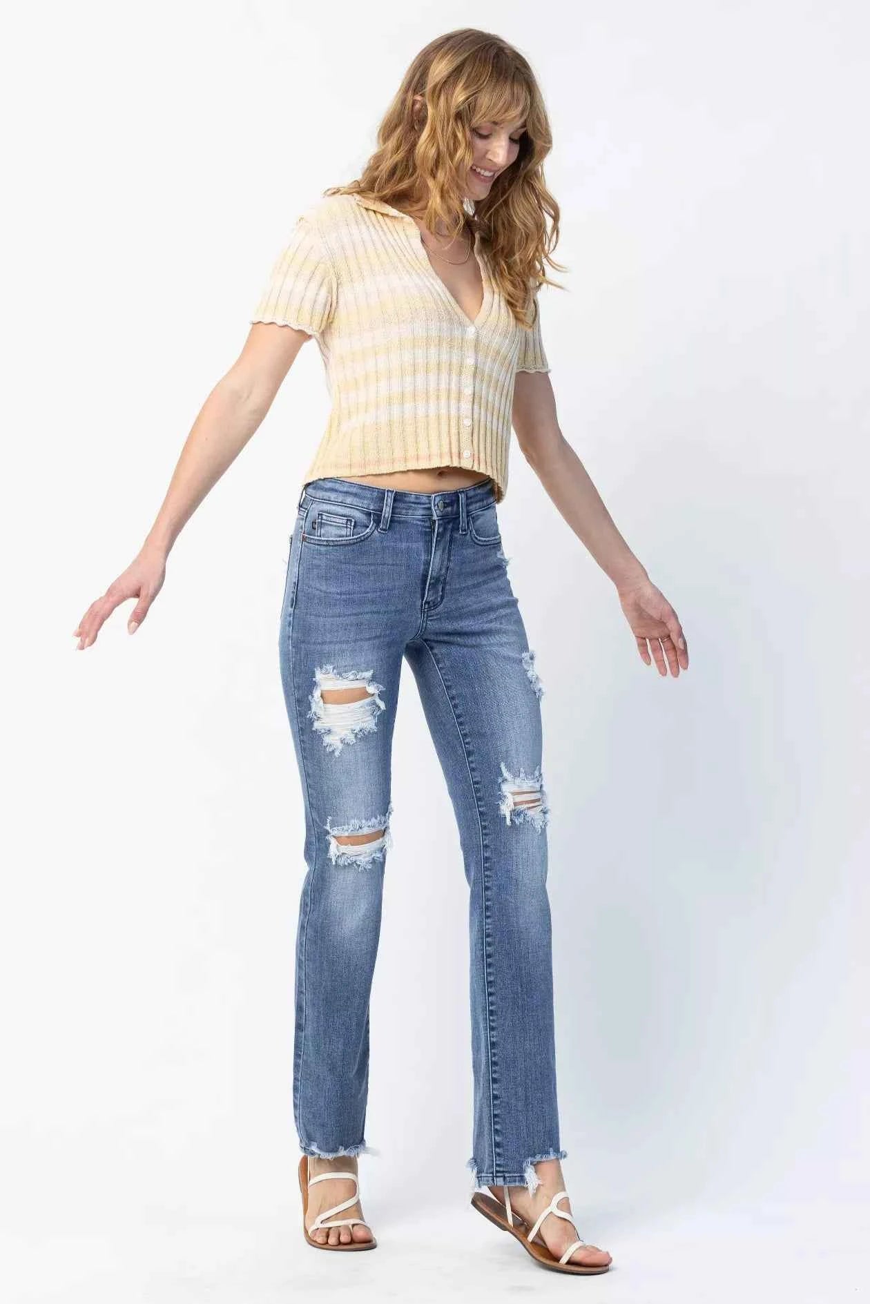 Judy Blue Full Size Mid Rise Destroy Straight Jeans Plus Size Judy Blue Full Size Mid Rise Destroy Straight Jeans Plus Size