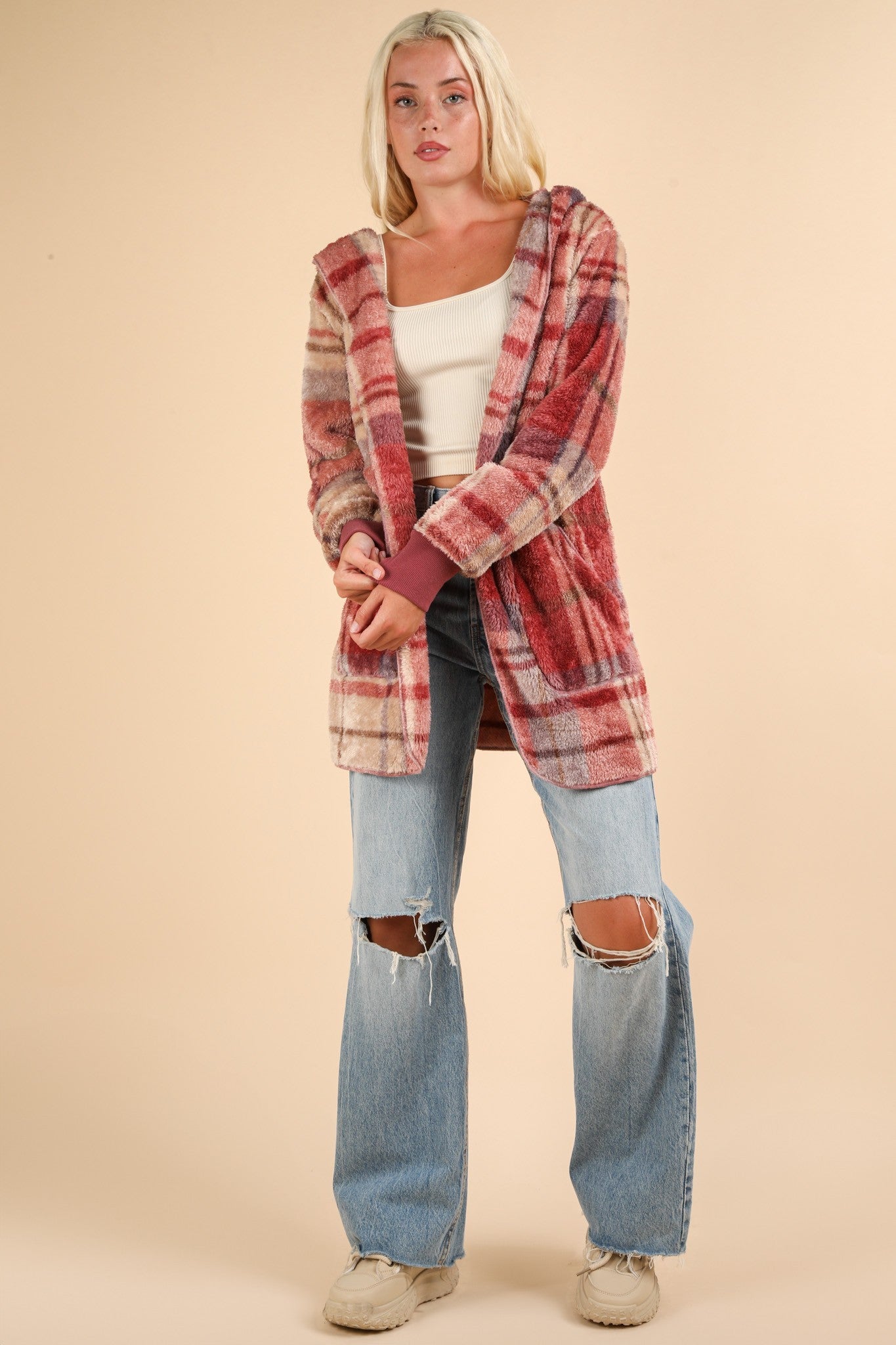 VERY J Fuzzy Plaid Long Sleeve Hooded Jacket VERY J Fuzzy Plaid Long Sleeve Hooded Jacket