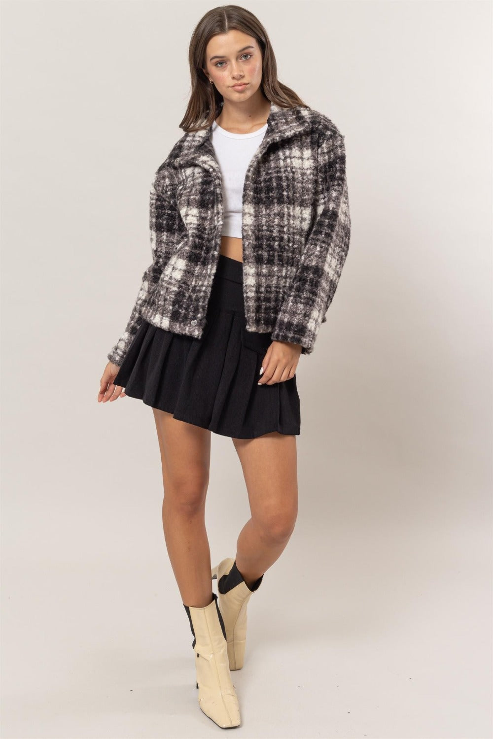 HYFVE Plaid Collared Neck Boucle Jacket with Pockets HYFVE Plaid Collared Neck Boucle Jacket with Pockets