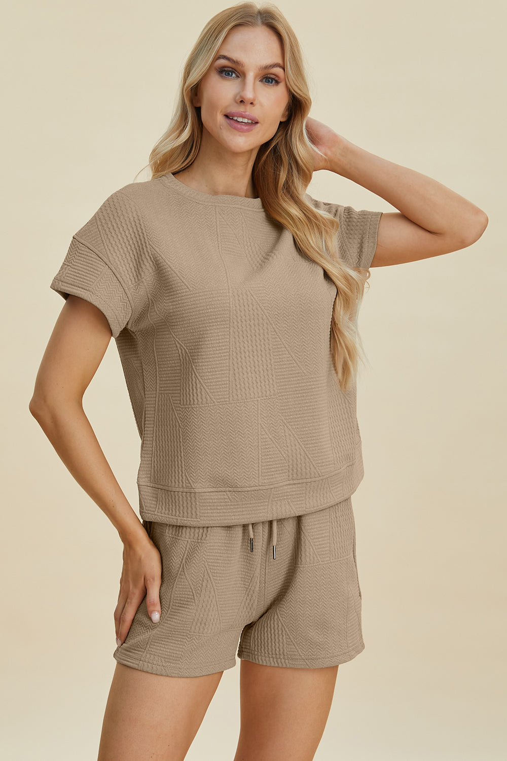 Double Take Full Size Texture Short Sleeve Top and Shorts Set Double Take Full Size Texture Short Sleeve Top and Shorts Set