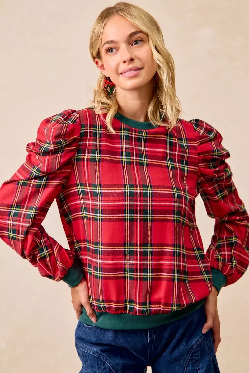 BiBi Christmas Plaid Exaggerated Shoulder Sleeves Top ace86e45d4df43ea8c9c4f1fd58efee1-Max-Origin
