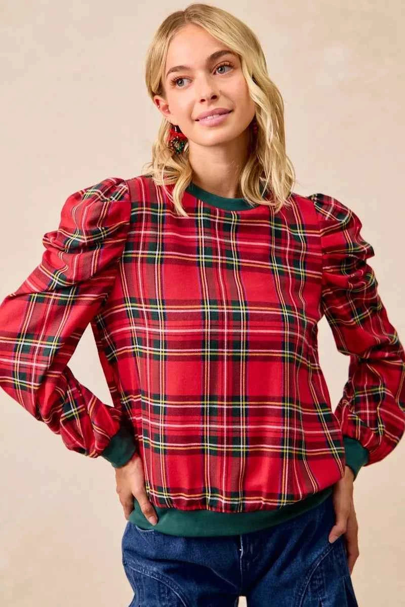 BiBi Christmas Plaid Exaggerated Shoulder Sleeves Top BiBi Christmas Plaid Exaggerated Shoulder Sleeves Top