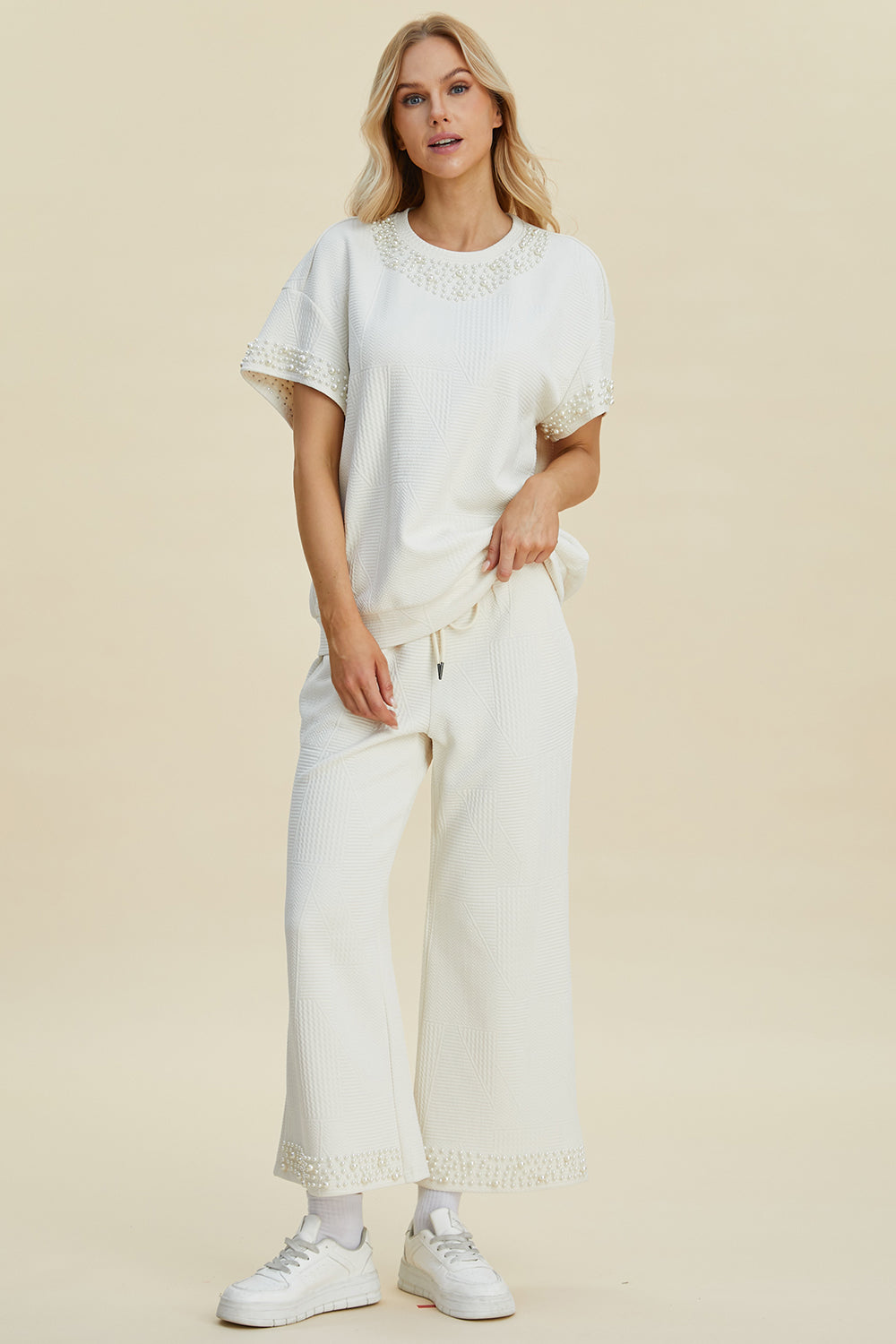 Double Take Full Size Pearl Detail Round Neck Top and Pants Set Double Take Full Size Pearl Detail Round Neck Top and Pants Set