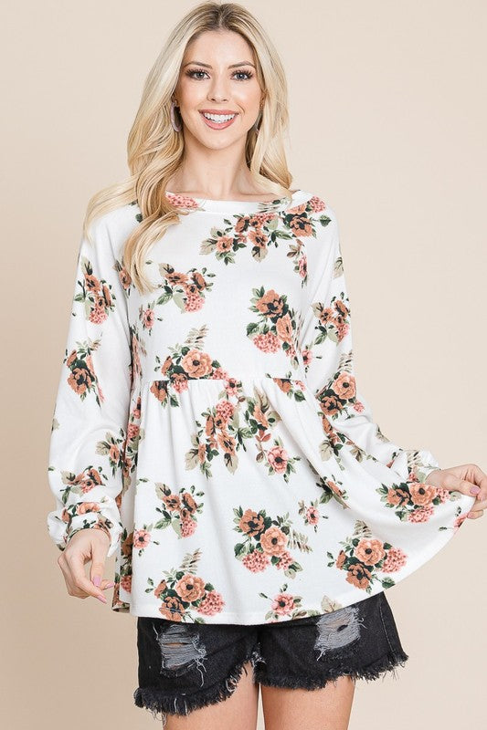Super Lady Full Size Babydoll Floral Boat Neck Long Sleeve Blouse Super Lady Full Size Babydoll Floral Boat Neck Long Sleeve Blouse