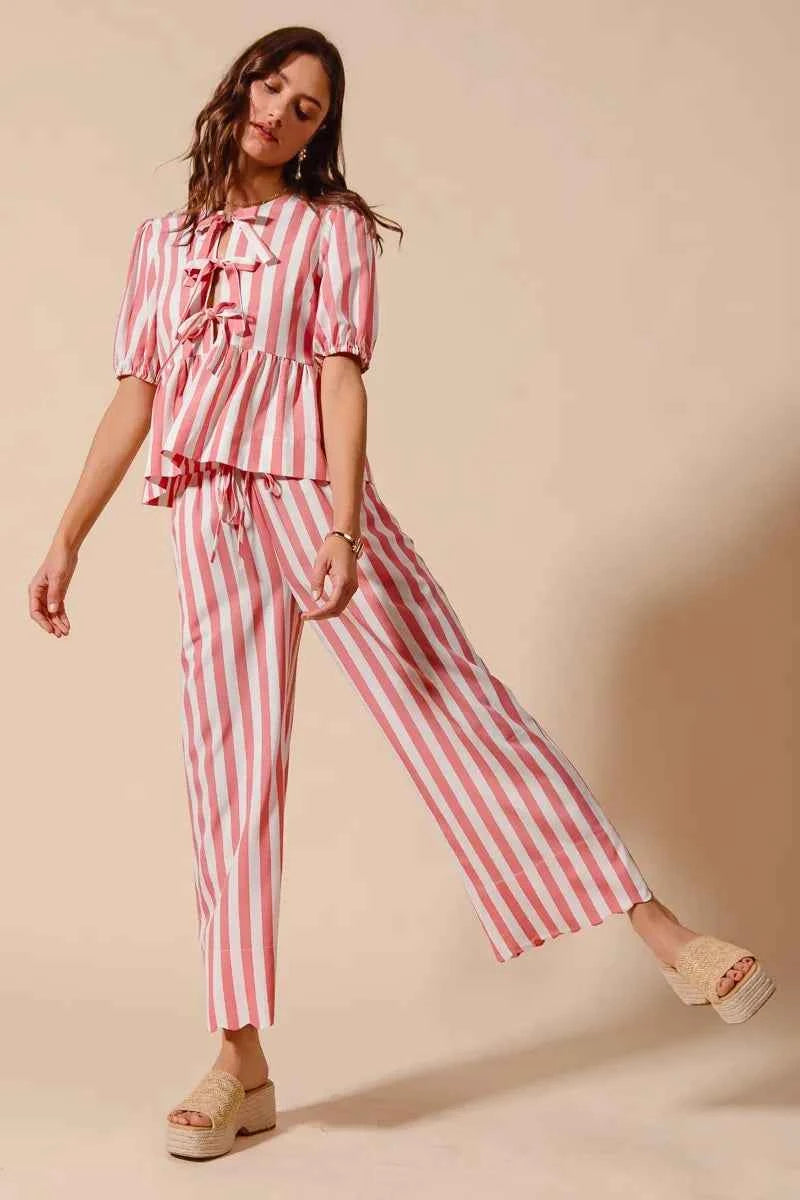 SO ME Front Tie Stripe Top With Puff Sleeves and Wide Leg Pants Set SO ME Front Tie Stripe Top With Puff Sleeves and Wide Leg Pants Set