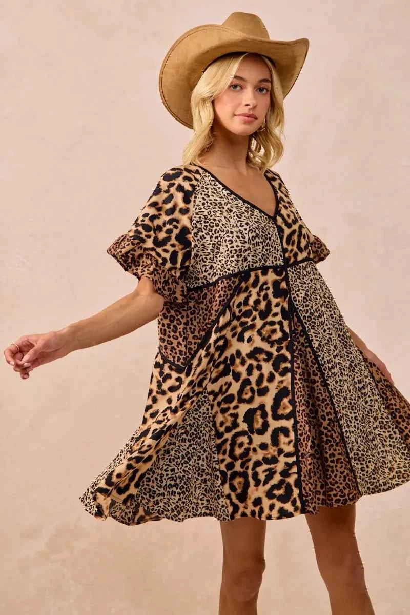 BiBi Leopard Prints Mix and Match Short Sleeves Dress BiBi Leopard Prints Mix and Match Short Sleeves Dress