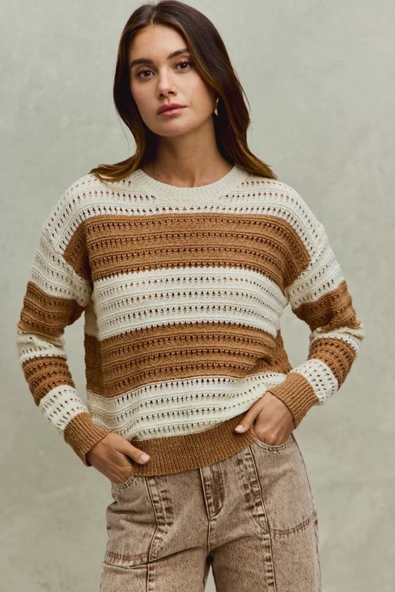 SO ME Openwork Round Neck Wide Stripe Textured Sweater ad3eb2d2bf974ca9ad3bd830e6a5e8da-Max-Origin