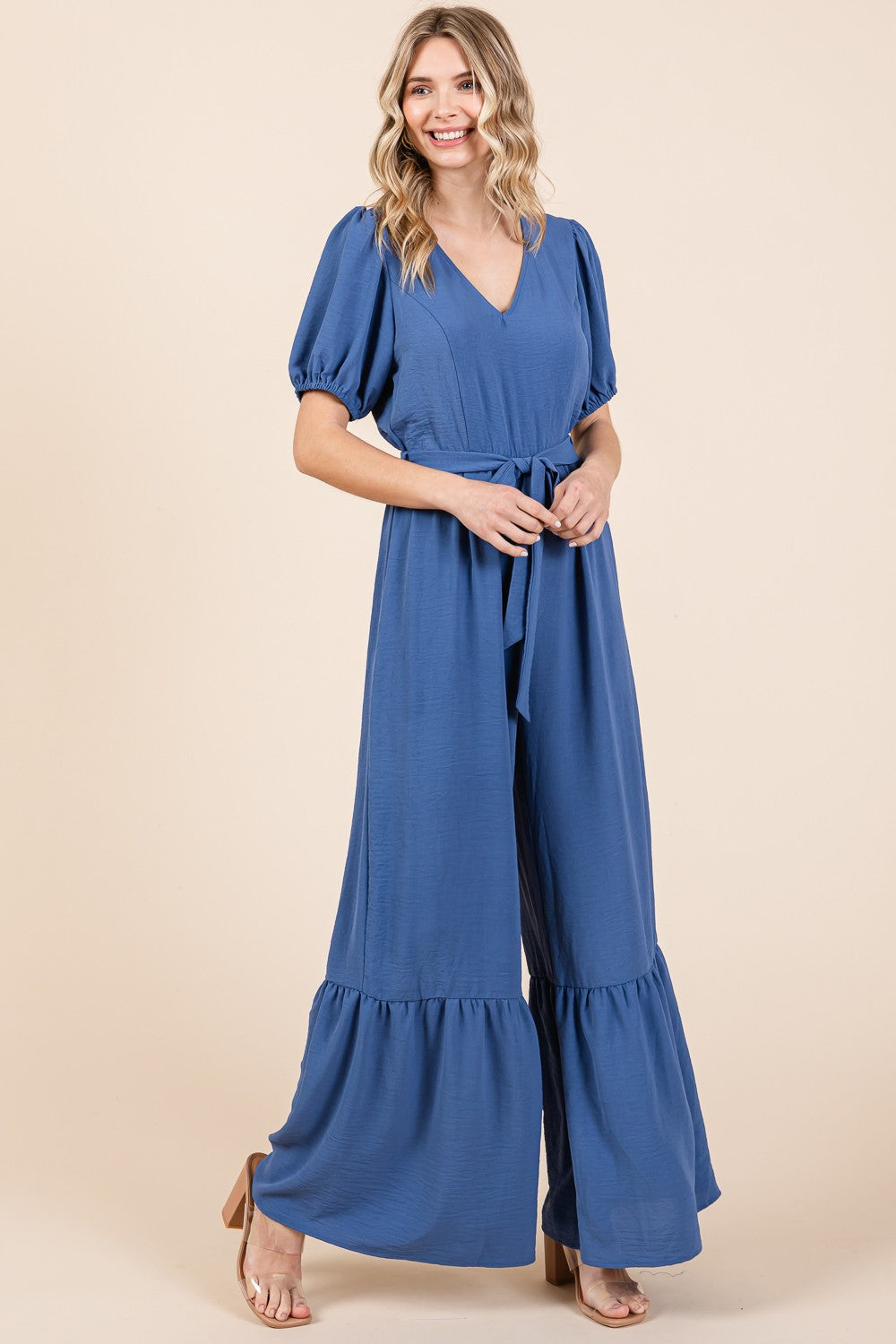 GeeGee Full Size V-Neck Belted Wide Leg Jumpsuit GeeGee Full Size V-Neck Belted Wide Leg Jumpsuit - TopFashionHQ
