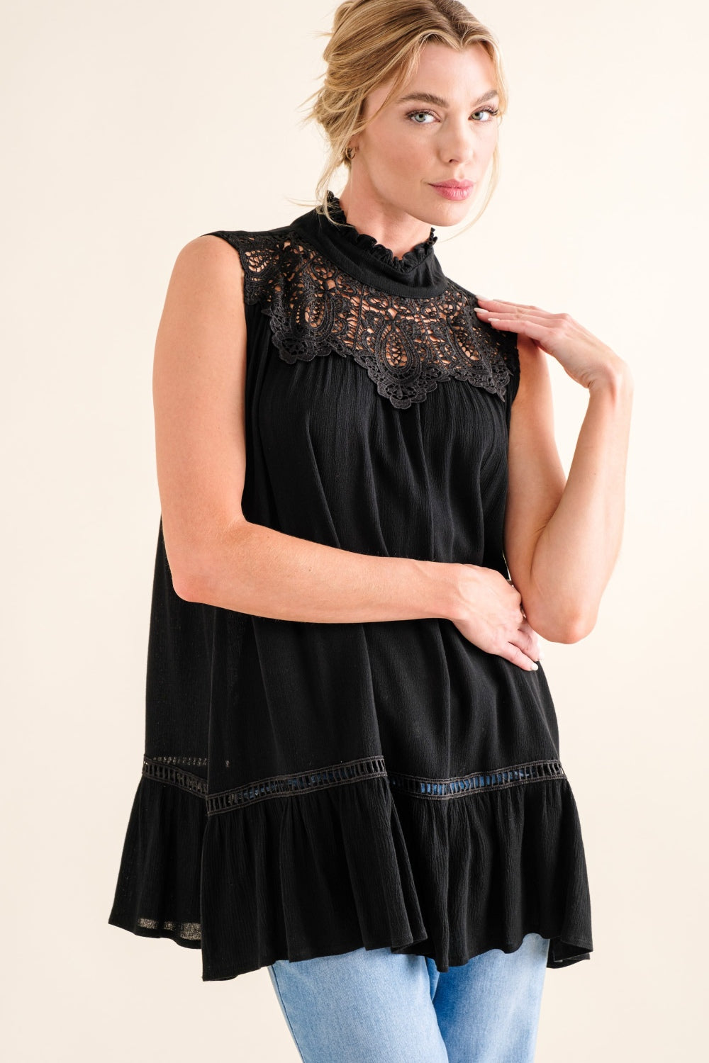 And The Why Lace Detail Sleeveless Ruffled Top And The Why Lace Detail Sleeveless Ruffled Top - TopFashionHQ