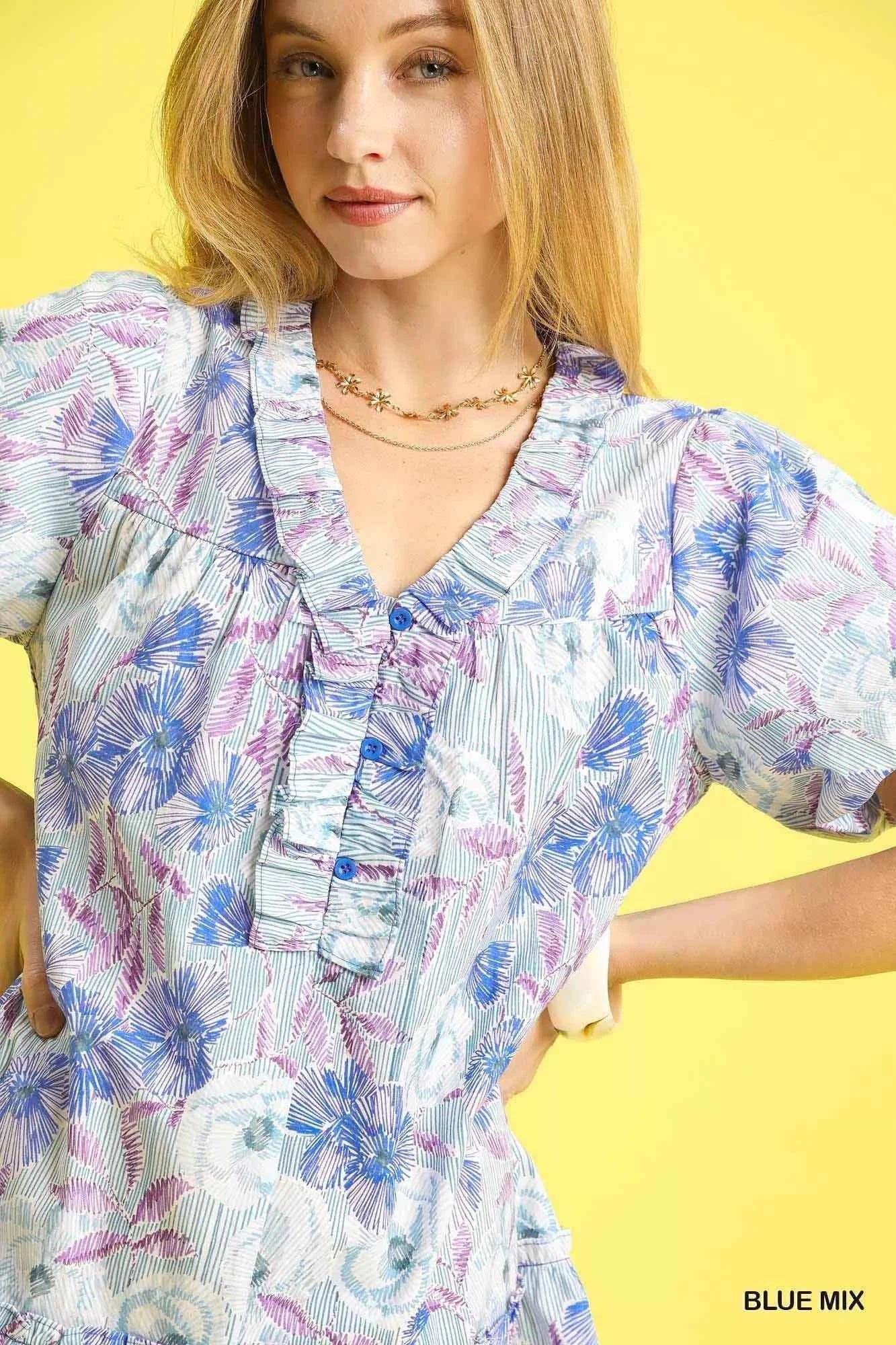 Umgee Floral Ruffled Puff Sleeve Mini Dress Umgee Floral Ruffled Puff Sleeve Mini Dress