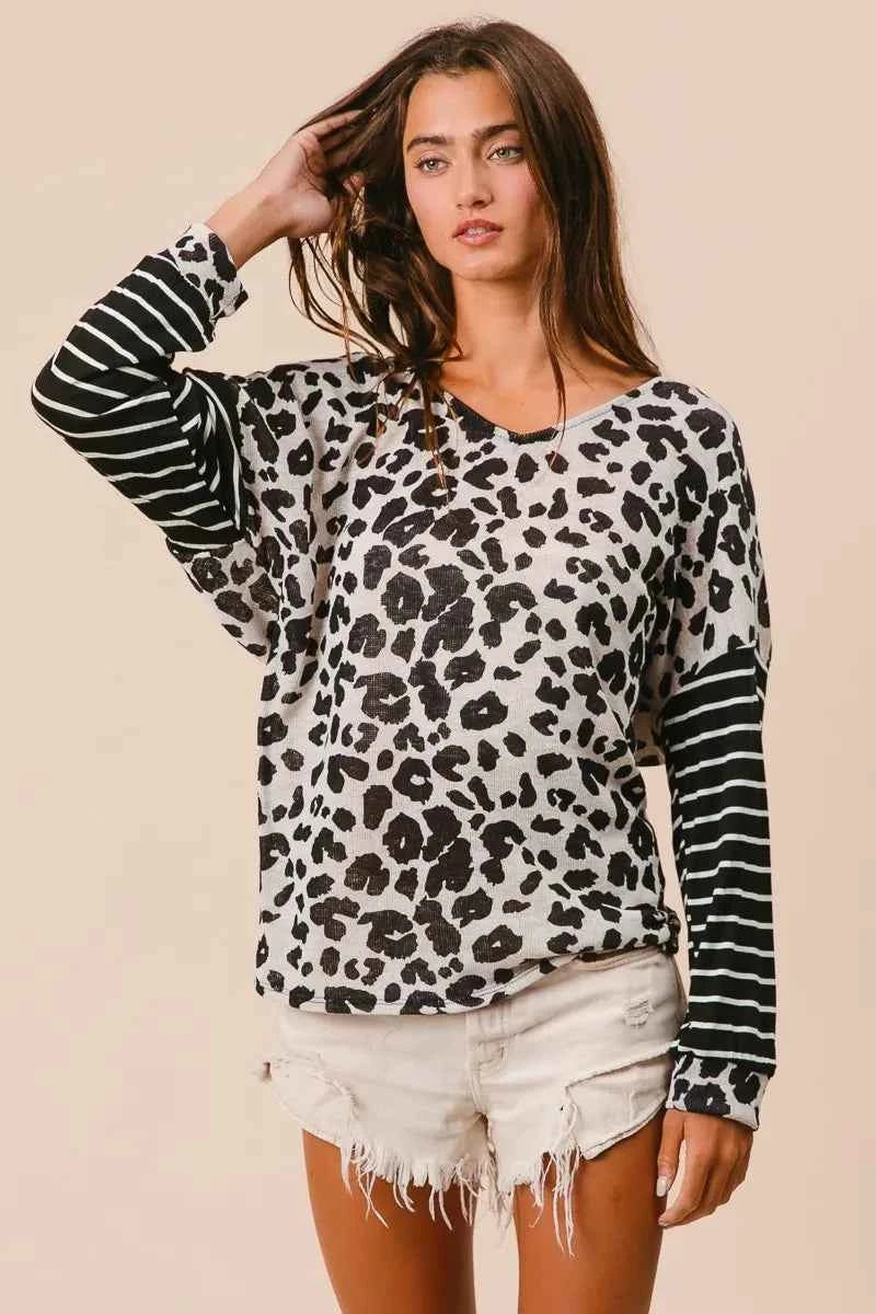BiBi Leopard Hacci Knit Twist Back Top With Stripe Sleeve BiBi Leopard Hacci Knit Twist Back Top With Stripe Sleeve