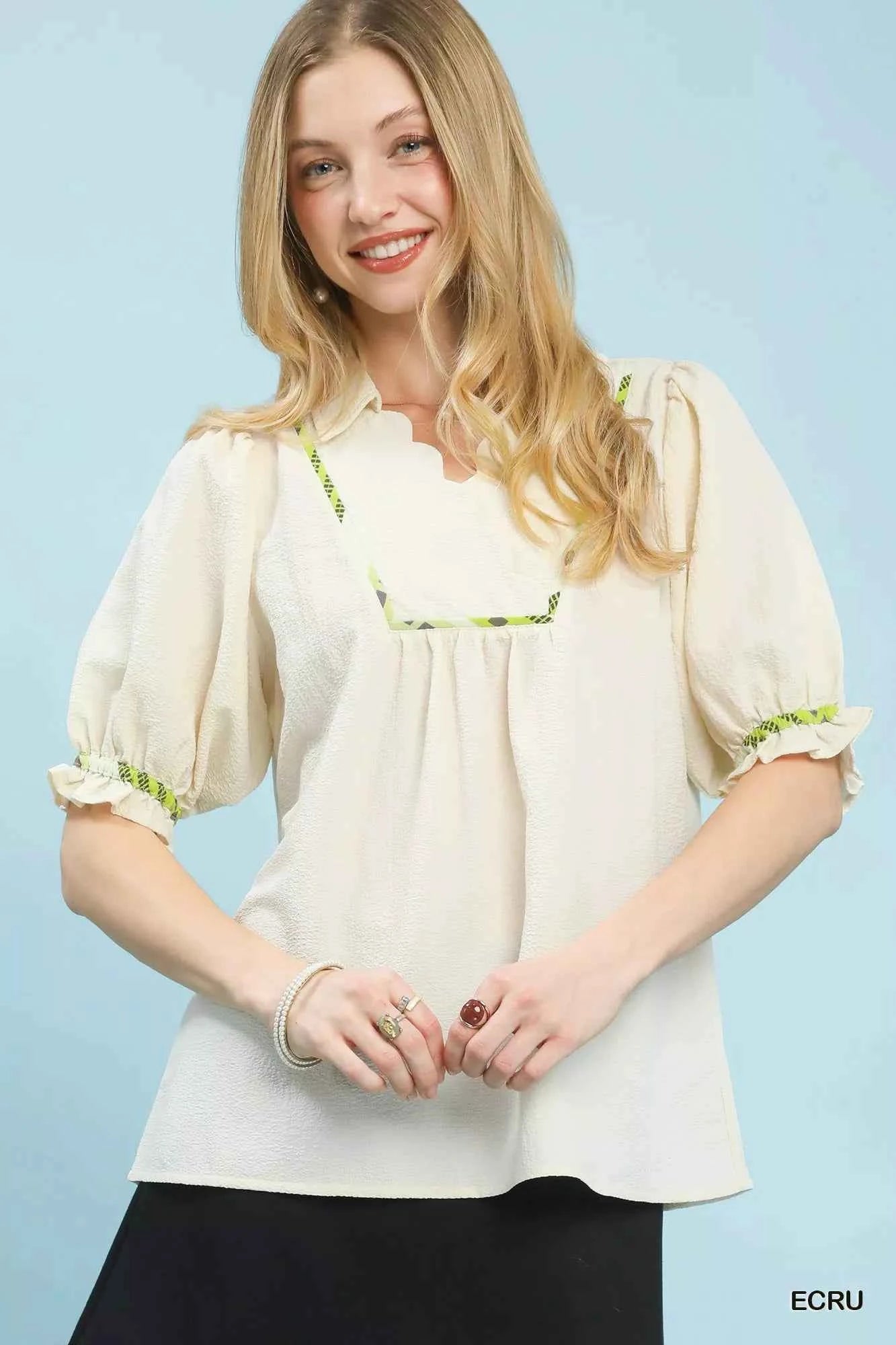 Umgee Scalloped Trim Blouse with Puff Sleeves Umgee Scalloped Trim Blouse with Puff Sleeves