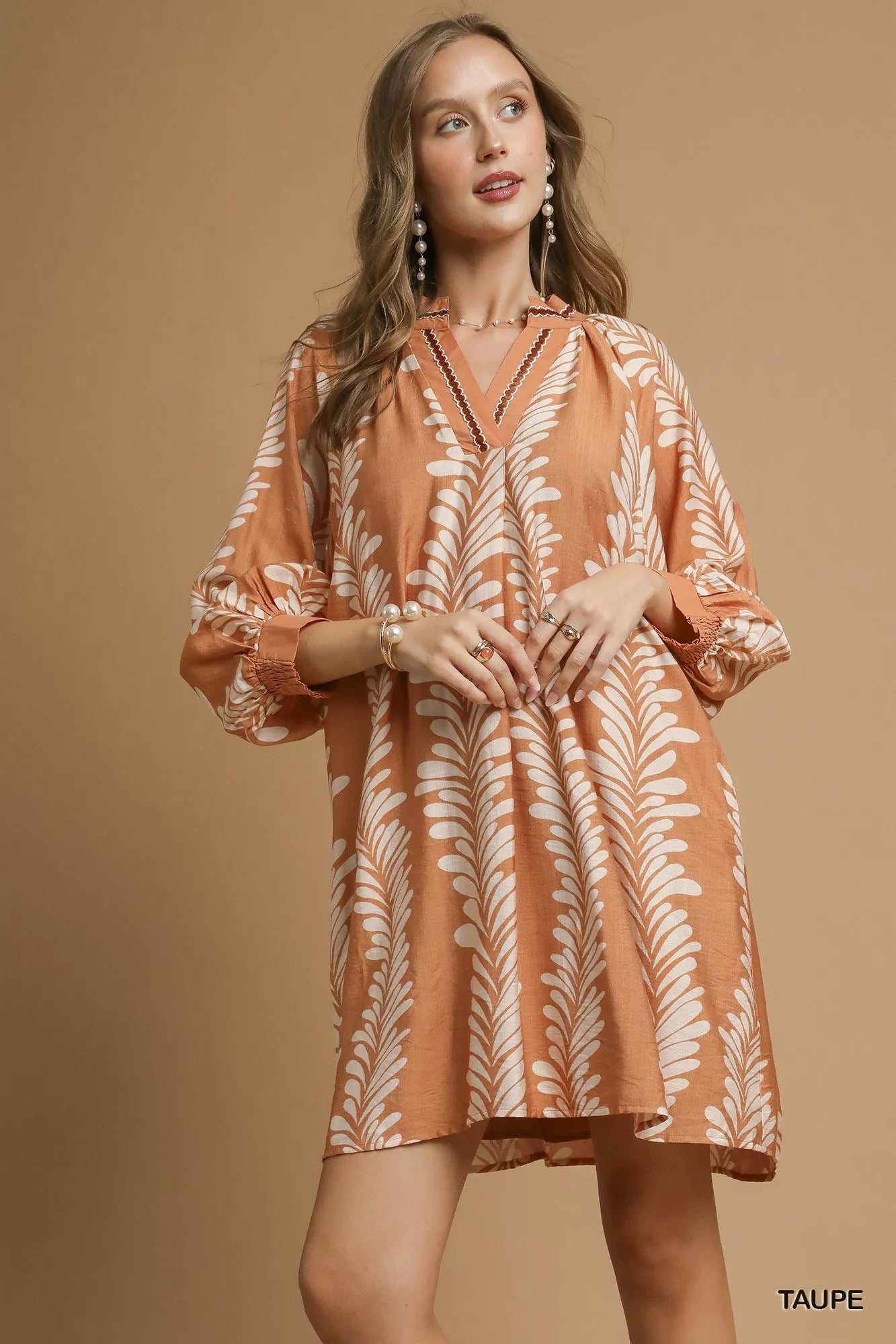 Umgee Leaf Print Notched Mini Babydoll Dress ae3fd57b-0093-4043-9f7a-d5d57ec7d336-Max-Origin