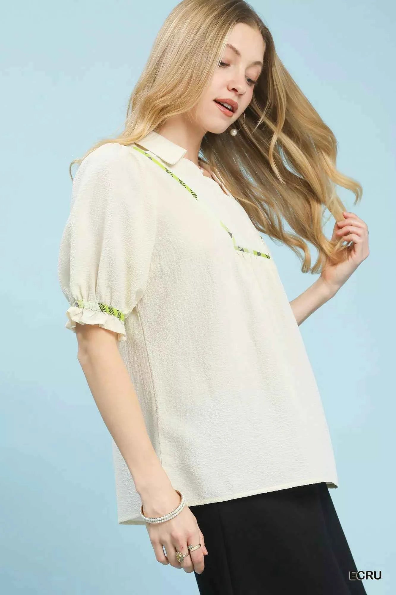 Umgee Scalloped Trim Blouse with Puff Sleeves Umgee Scalloped Trim Blouse with Puff Sleeves