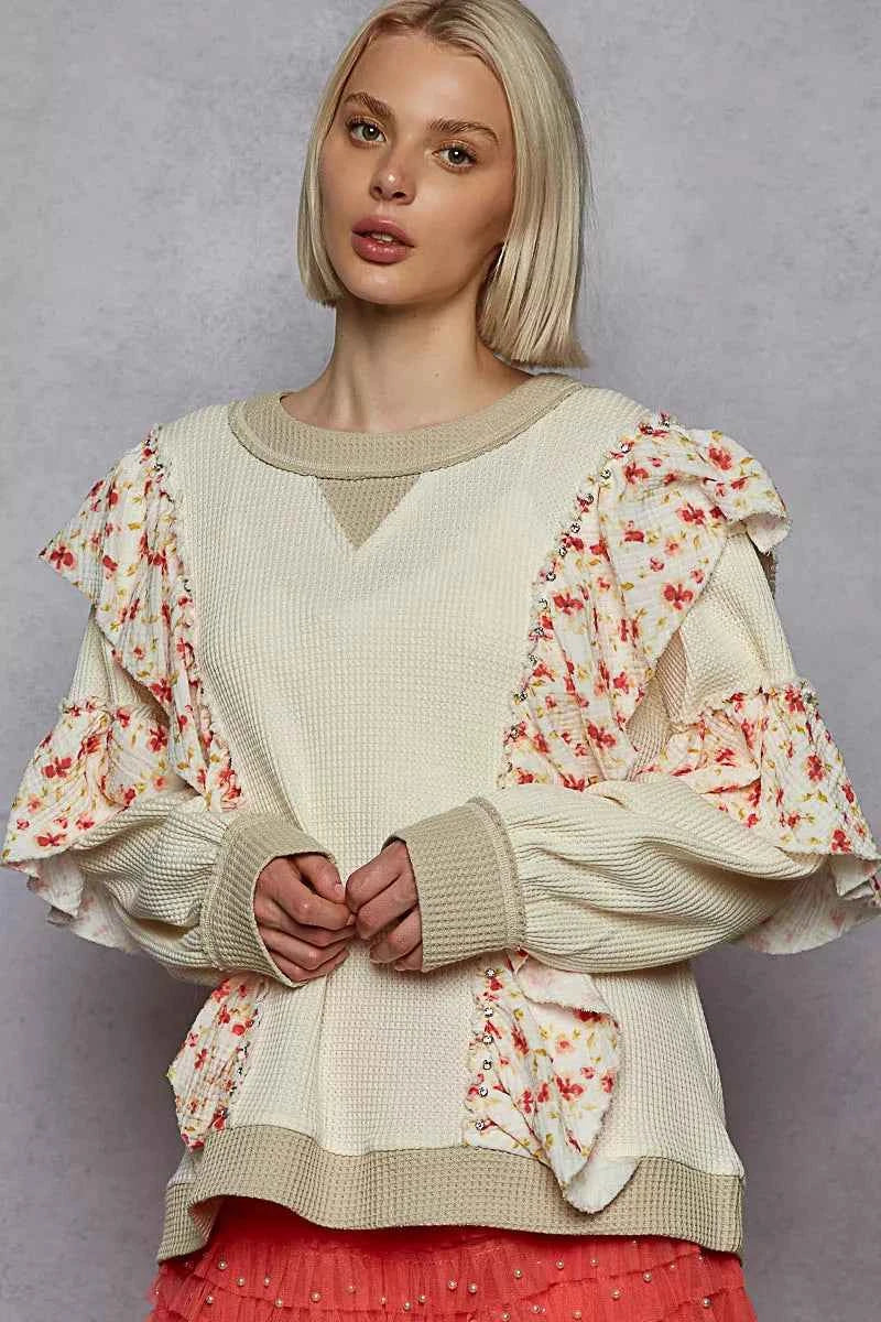 POL Round Neck Sweater with Floral Ruffle Detail POL Round Neck Sweater with Floral Ruffle Detail
