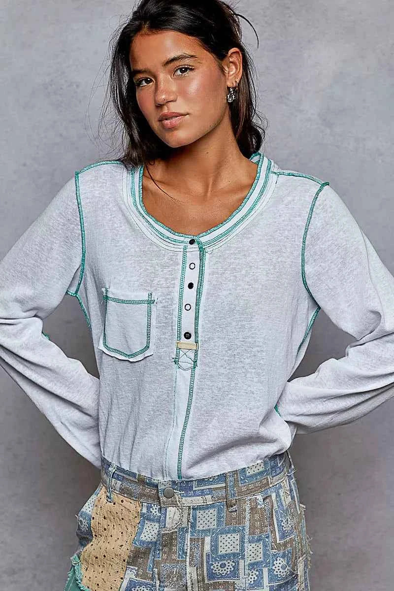 POL Round Neck Long Sleeve Top with Contrast Stitching POL Round Neck Long Sleeve Top with Contrast Stitching