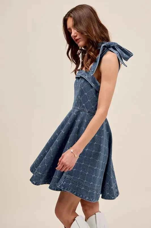 SO ME A Line Fit and Flare Diamond Bow Ribbon Denim Dres SO ME A Line Fit and Flare Diamond Bow Ribbon Denim Dres