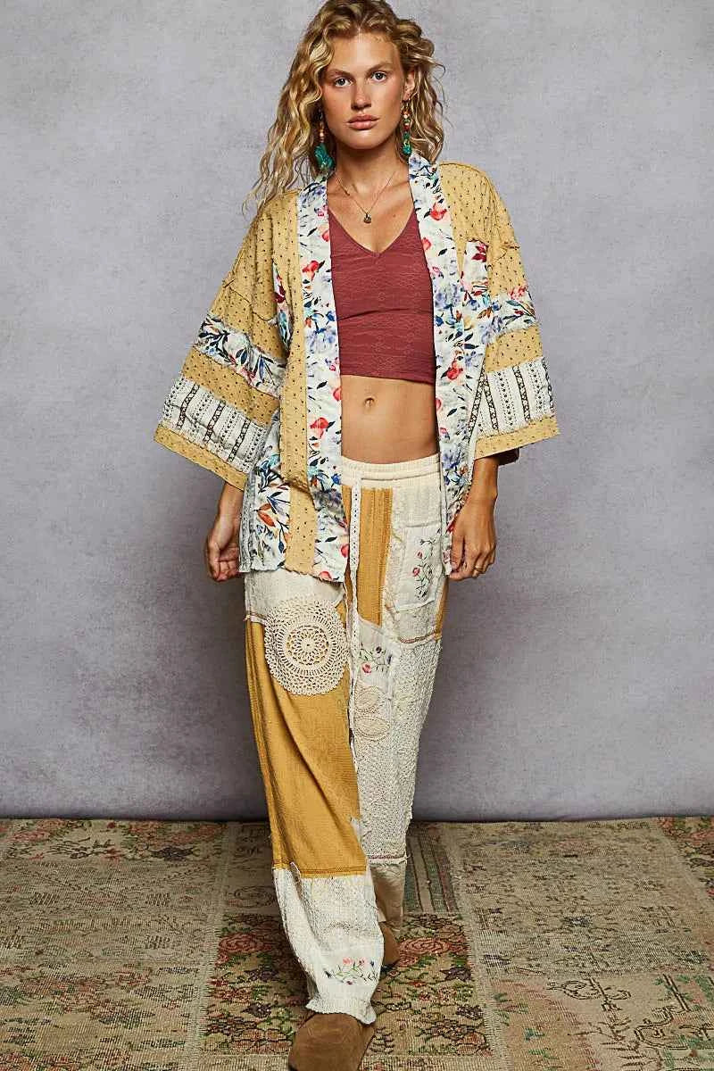 POL Raw Edge Open Front Patchwork Cardigan with Floral Trim POL Raw Edge Open Front Patchwork Cardigan with Floral Trim