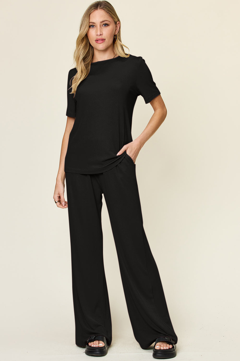Double Take Full Size Round Neck Short Sleeve T-Shirt and Wide Leg Pants Set Double Take Full Size Round Neck Short Sleeve T-Shirt and Wide Leg Pants Set