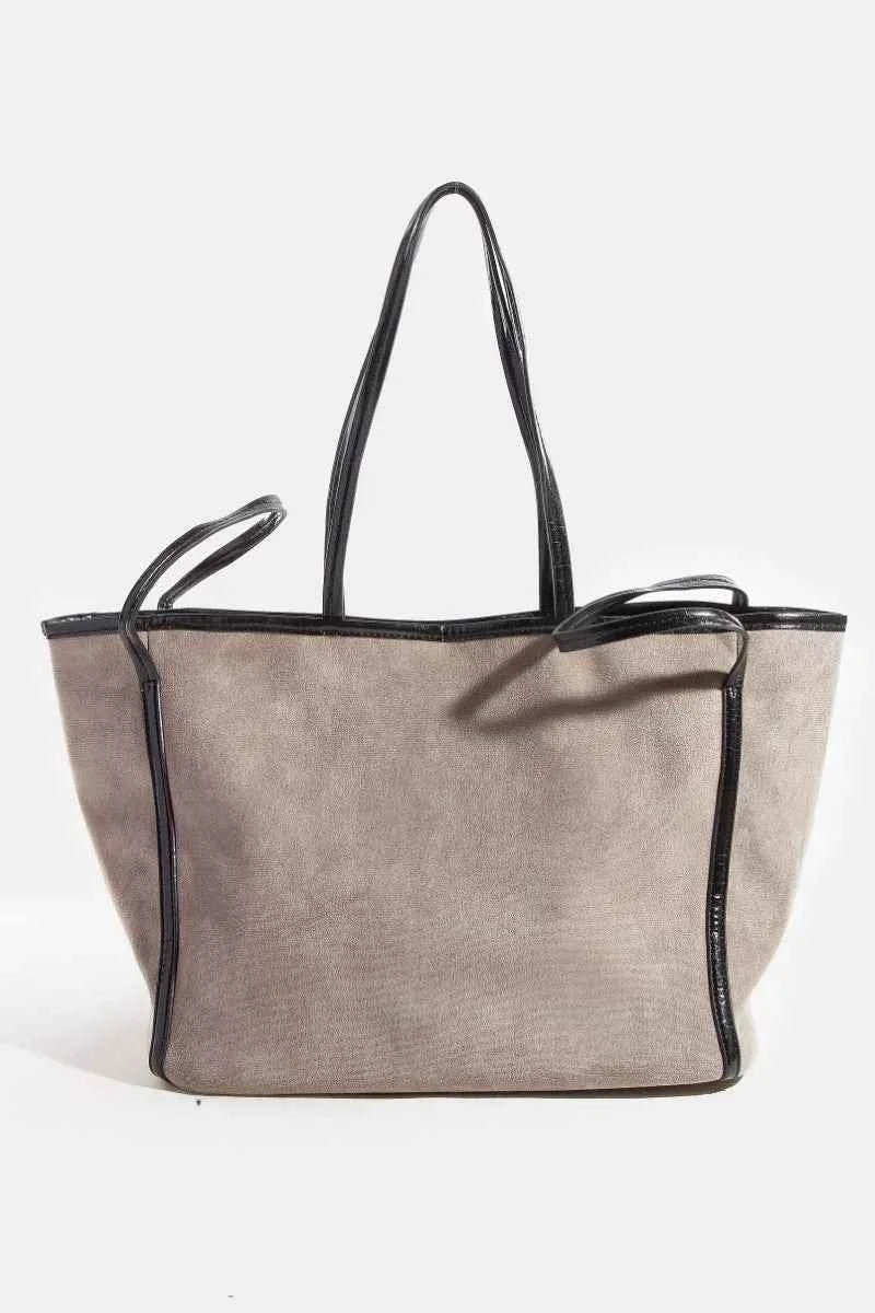 Fame Suede Tote Faux Leather Trim Shoulder Strap Fame Suede Tote Faux Leather Trim Shoulder Strap