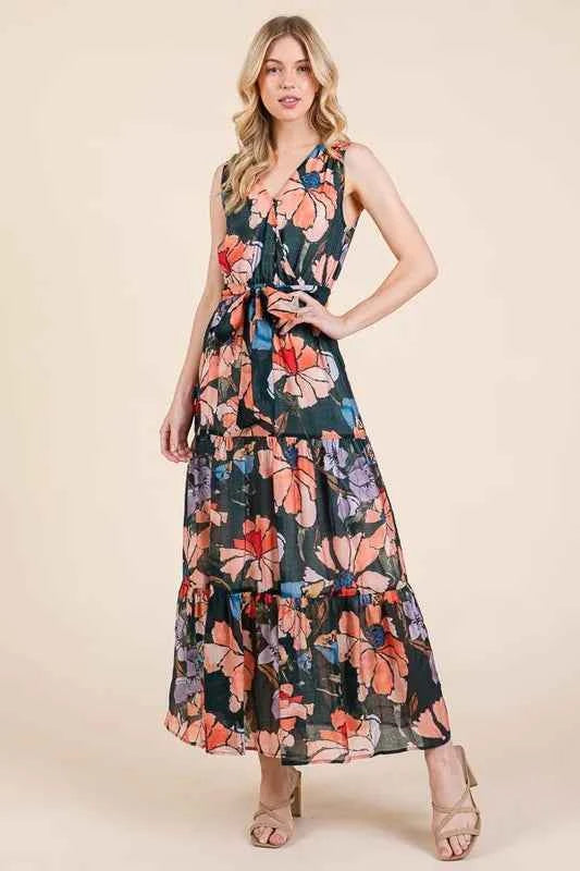 Lime 'N' Chili Floral Print Sleeveless Tie Waist Maxi Dress Lime 'N' Chili Floral Print Sleeveless Tie Waist Maxi Dress