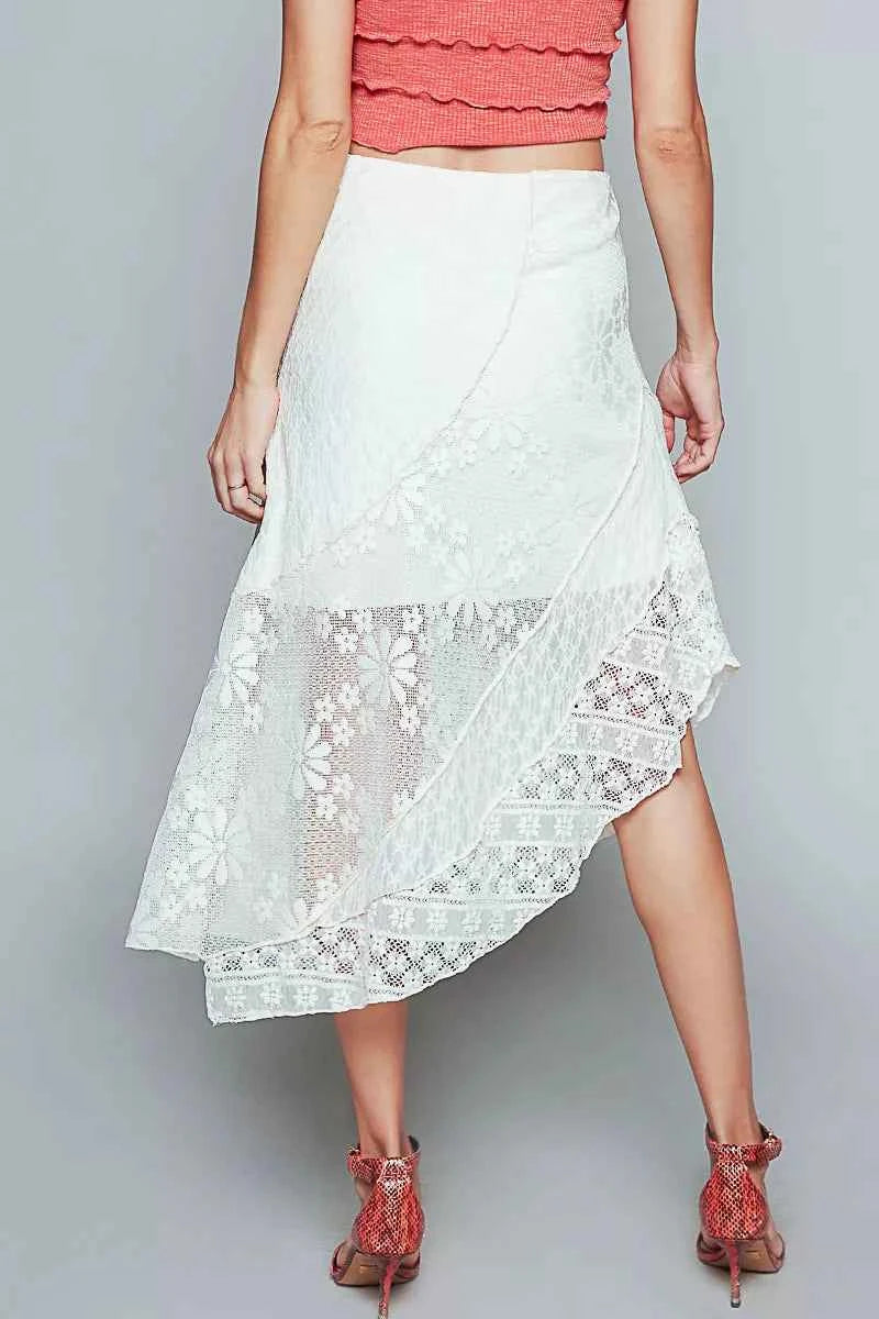 POL Ruffled Floral Lace Skirt with Unbalanced Hem POL Ruffled Floral Lace Skirt with Unbalanced Hem