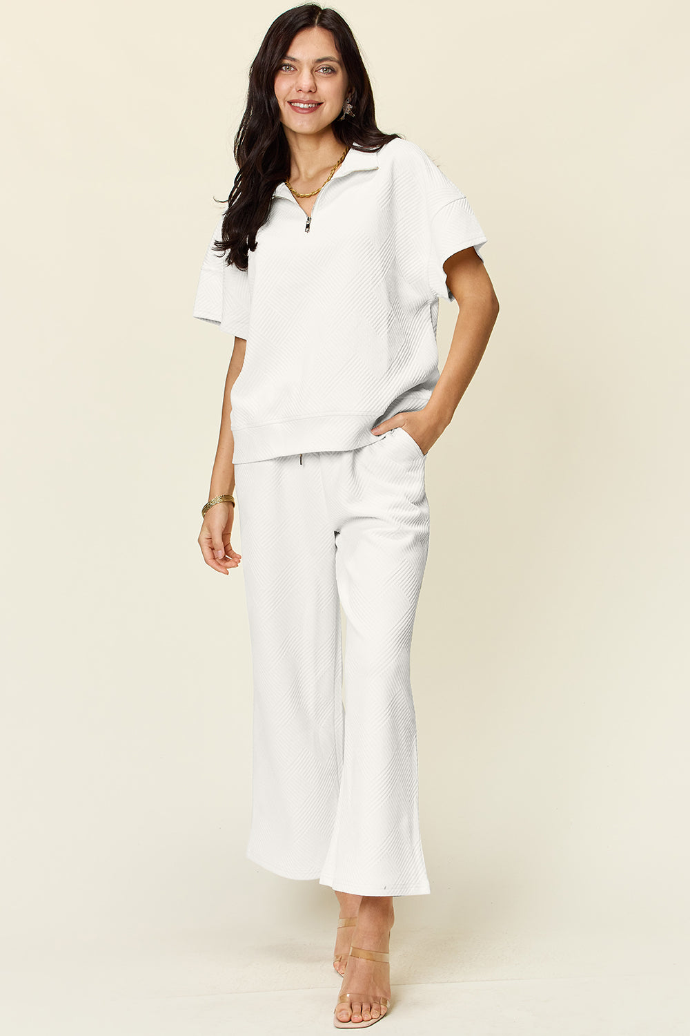 Double Take Full Size Texture Half Zip Short Sleeve Top and Pants Set Double Take Full Size Texture Half Zip Short Sleeve Top and Pants Set