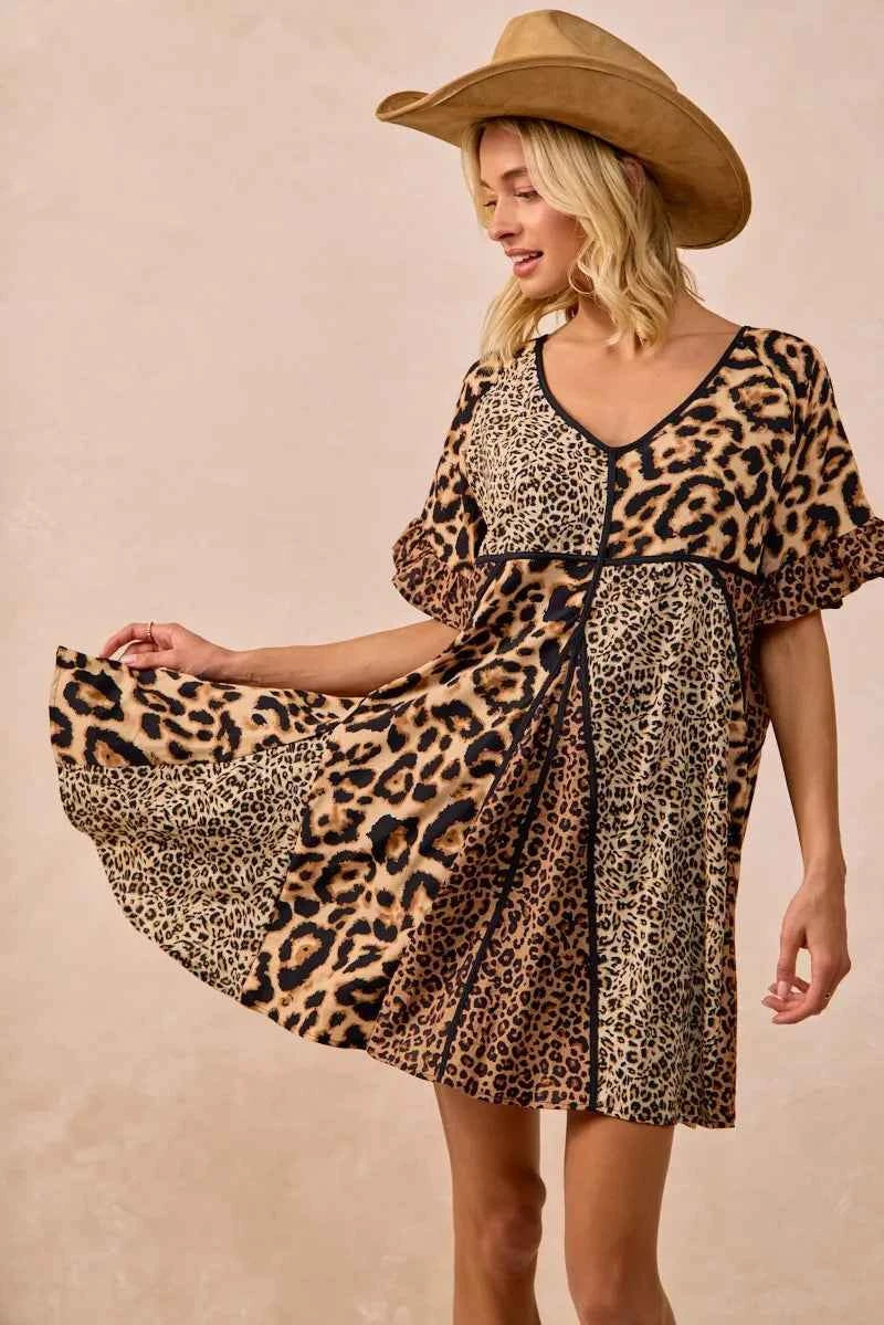 BiBi Leopard Prints Mix and Match Short Sleeves Dress BiBi Leopard Prints Mix and Match Short Sleeves Dress