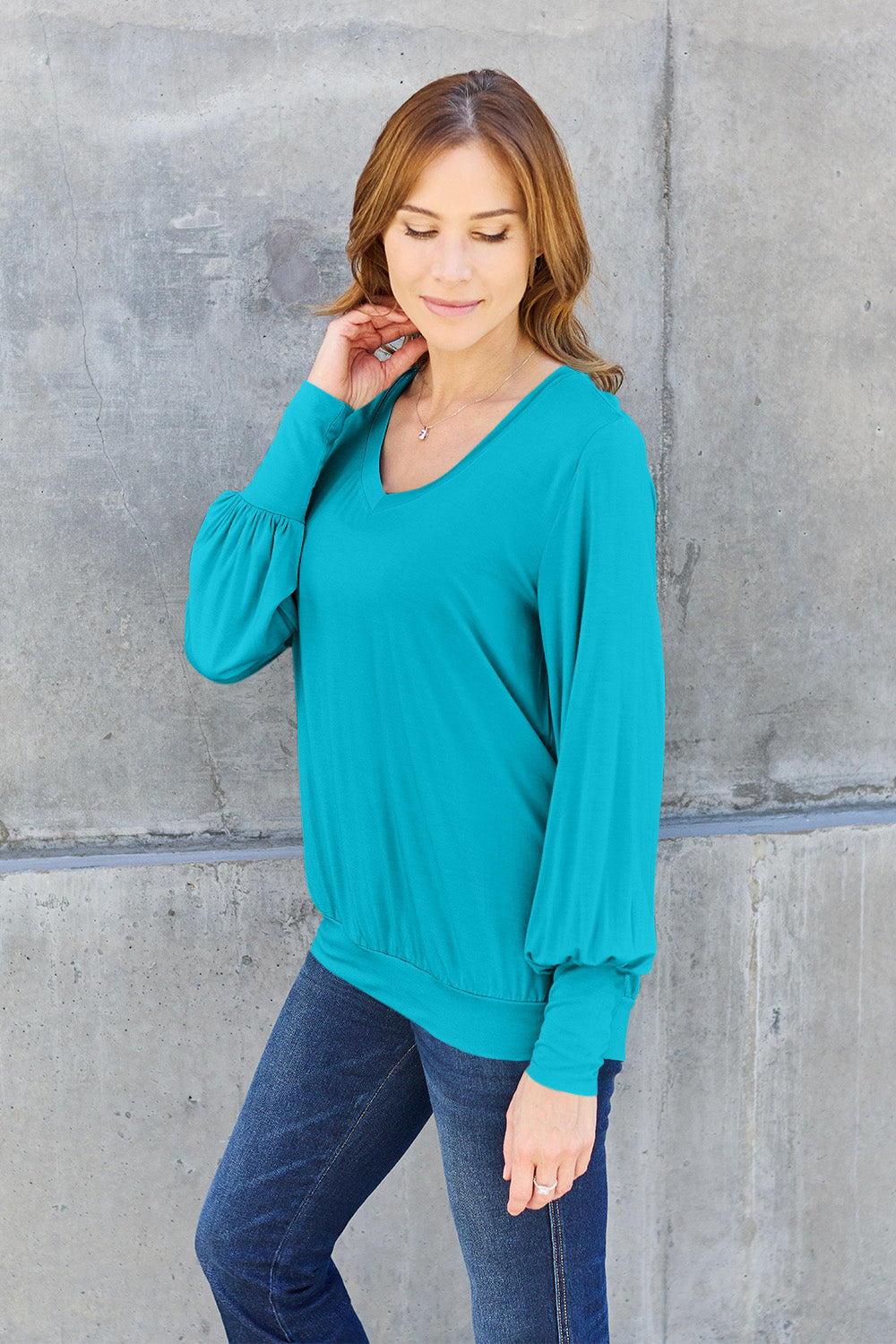 Basic Bae Full Size V-Neck Lantern Sleeve Blouse Basic Bae Full Size V-Neck Lantern Sleeve Blouse - TopFashionHQ