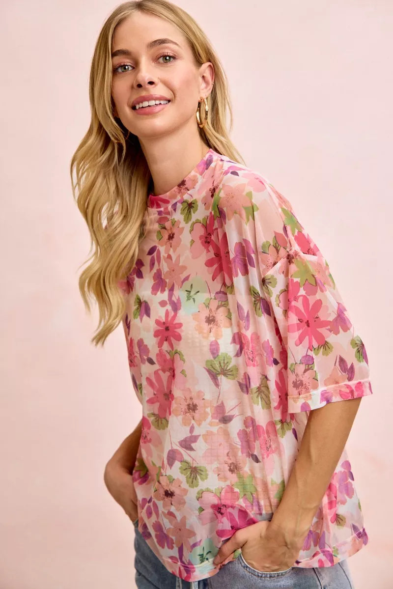 BiBi Floral Print Short Sleeves Boxy Mesh Top aef5bfbe99494e309316a05814de9790-Max-Origin