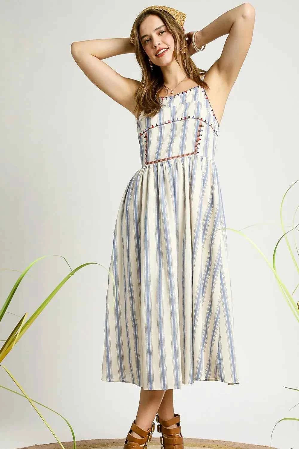 Umgee Striped Colorful Embroidered Trim Cami Dress Umgee Striped Colorful Embroidered Trim Cami Dress