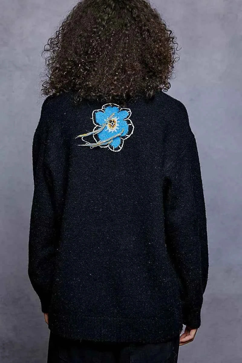 POL Floral Pattern Round Neck Sweater with Exposed Stitching POL Floral Pattern Round Neck Sweater with Exposed Stitching