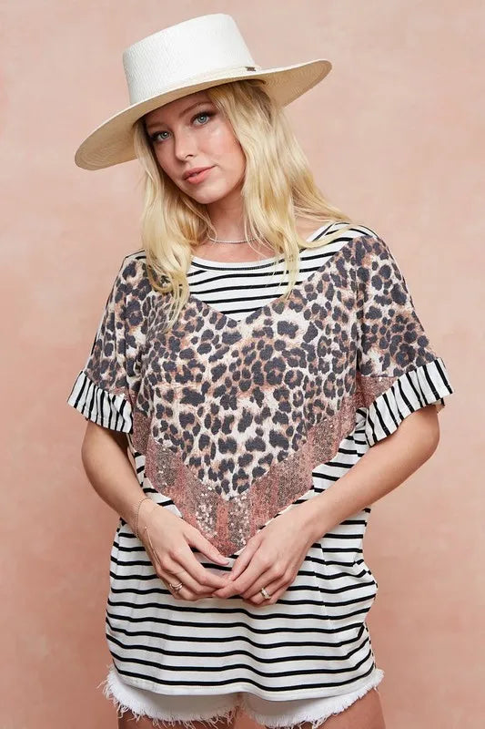 BiBi Stripe Rayon Span Knit Color Block Top With Leopard af430d6bba02492abc3a0484aa8caaba-Max-Origin