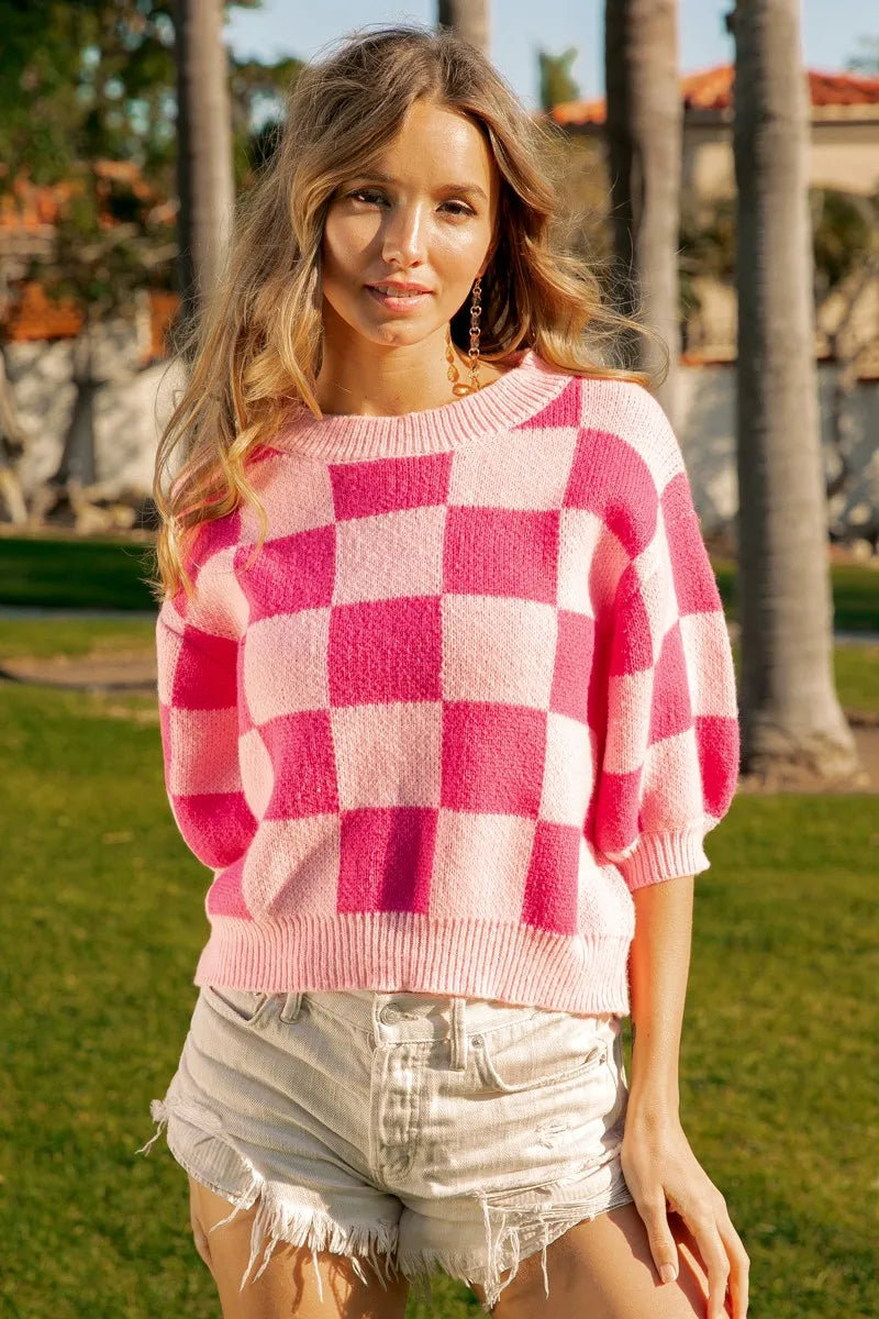 BiBi Check Pattern Short Puff Sleeve Sweater Top af586ad3fc4149749b0c5505865b84d9-Max-Origin