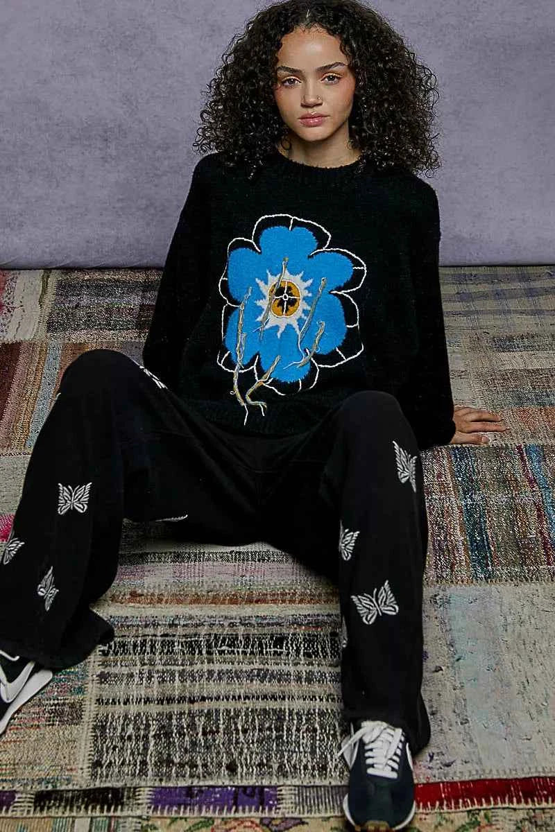 POL Floral Pattern Round Neck Sweater with Exposed Stitching POL Floral Pattern Round Neck Sweater with Exposed Stitching