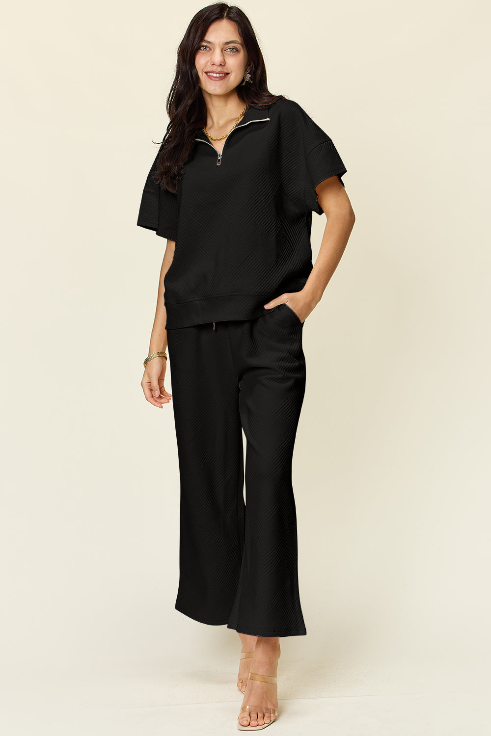 Double Take Full Size Texture Half Zip Short Sleeve Top and Pants Set Double Take Full Size Texture Half Zip Short Sleeve Top and Pants Set
