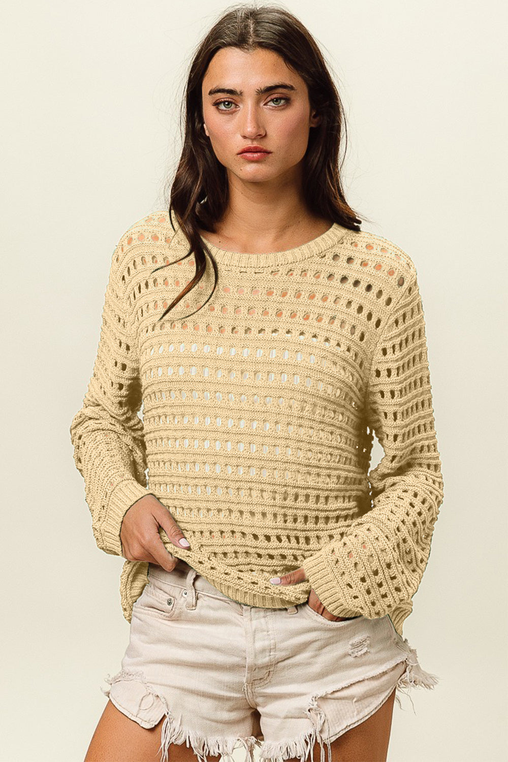 BiBi Round Neck Openwork Knit Cover Up BiBi Round Neck Openwork Knit Cover Up - TopFashionHQ