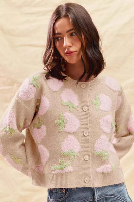 SO ME Strawberry Fruit All Over Button Sweater Cardigan
