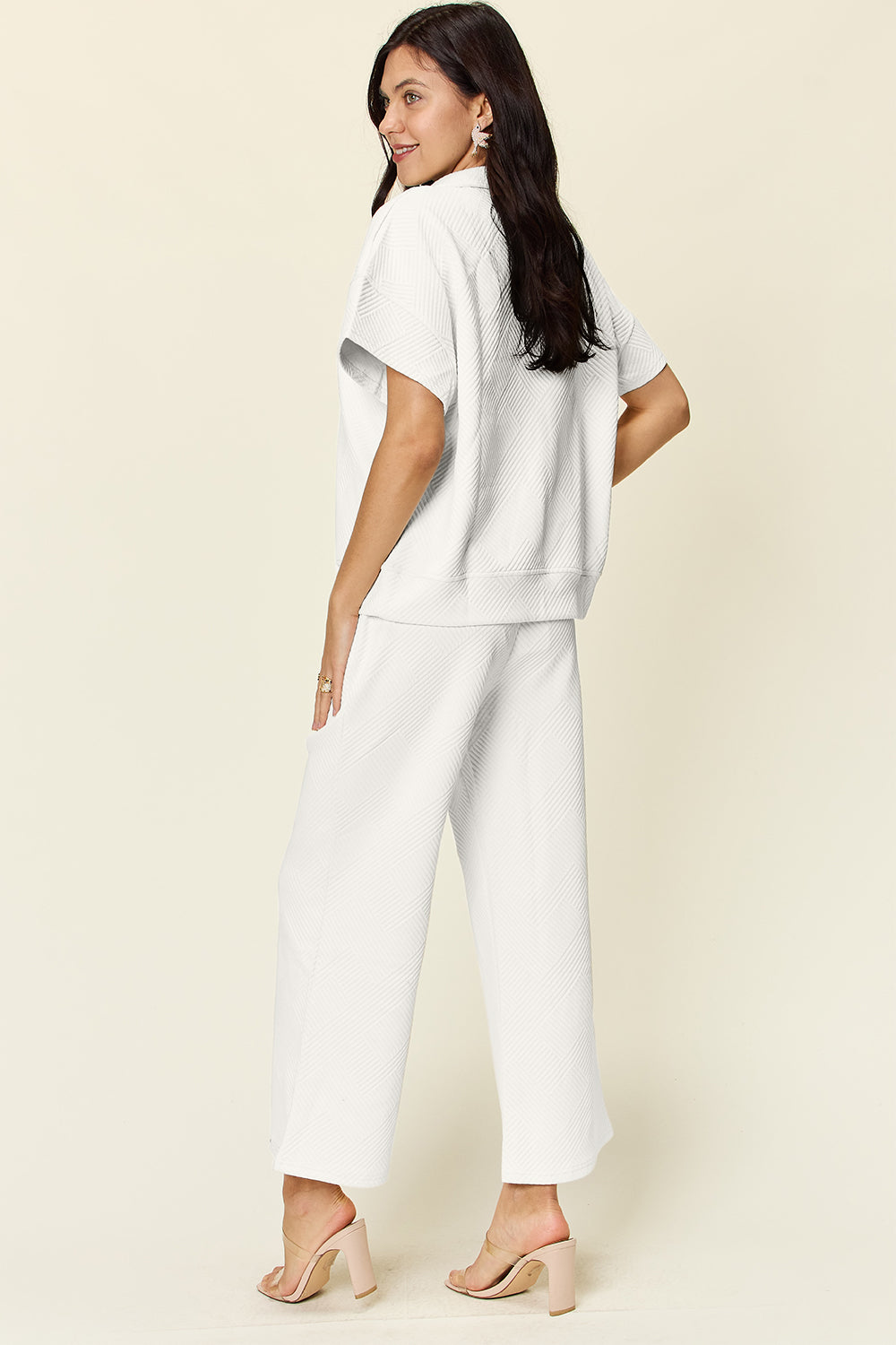 Double Take Full Size Texture Half Zip Short Sleeve Top and Pants Set Double Take Full Size Texture Half Zip Short Sleeve Top and Pants Set