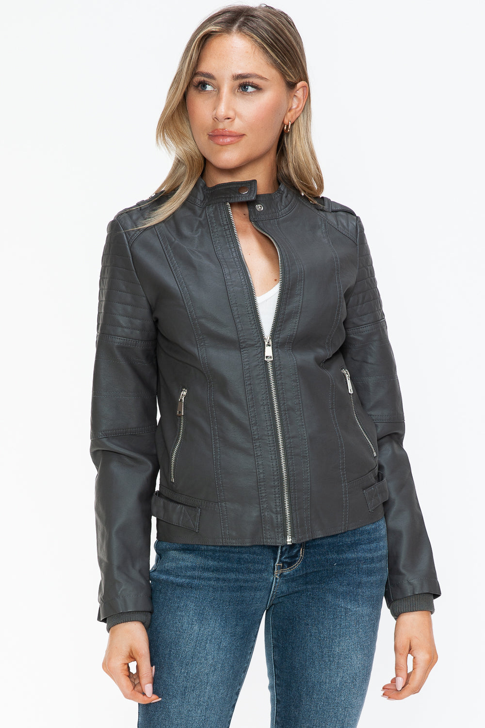 Snobbish PU Leather Biker Jacket with Side Zip Pockets Snobbish PU Leather Biker Jacket with Side Zip Pockets - TopFashionHQ