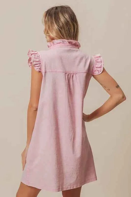 BiBi Washed Button Down Ruffled Cap Sleeve Denim Dress BiBi Washed Button Down Ruffled Cap Sleeve Denim Dress