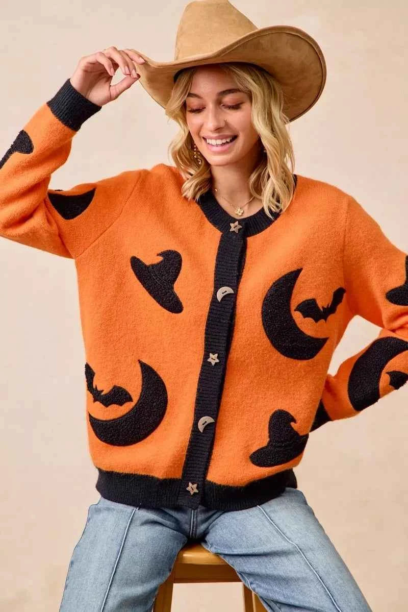 BiBi Halloween Witch Hat Moon Bat Artwork Cardigan BiBi Halloween Witch Hat Moon Bat Artwork Cardigan