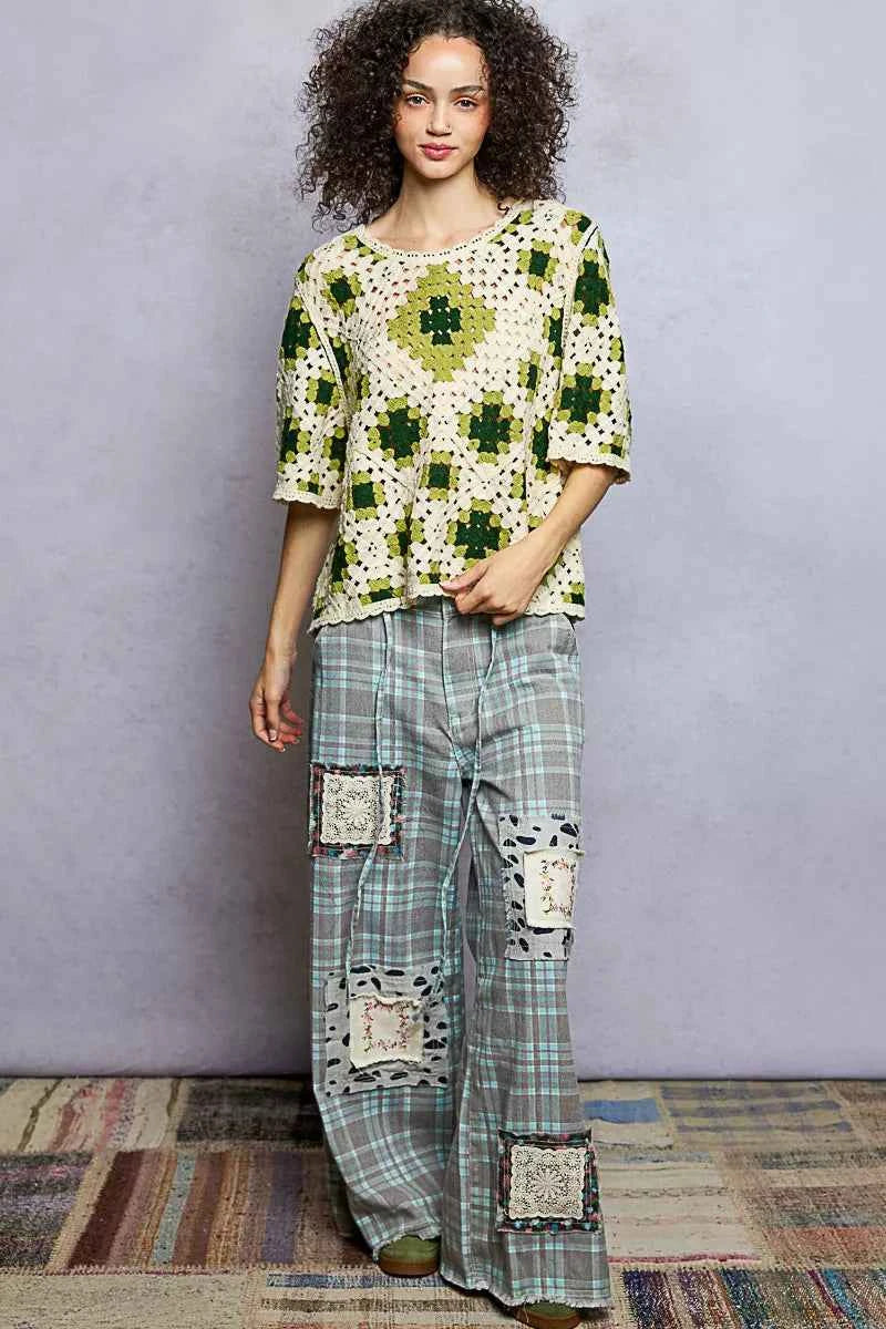 POL Round Neck Short Sleeve Color Pattern Crochet Top with Border Accents POL Round Neck Short Sleeve Color Pattern Crochet Top with Border Accents