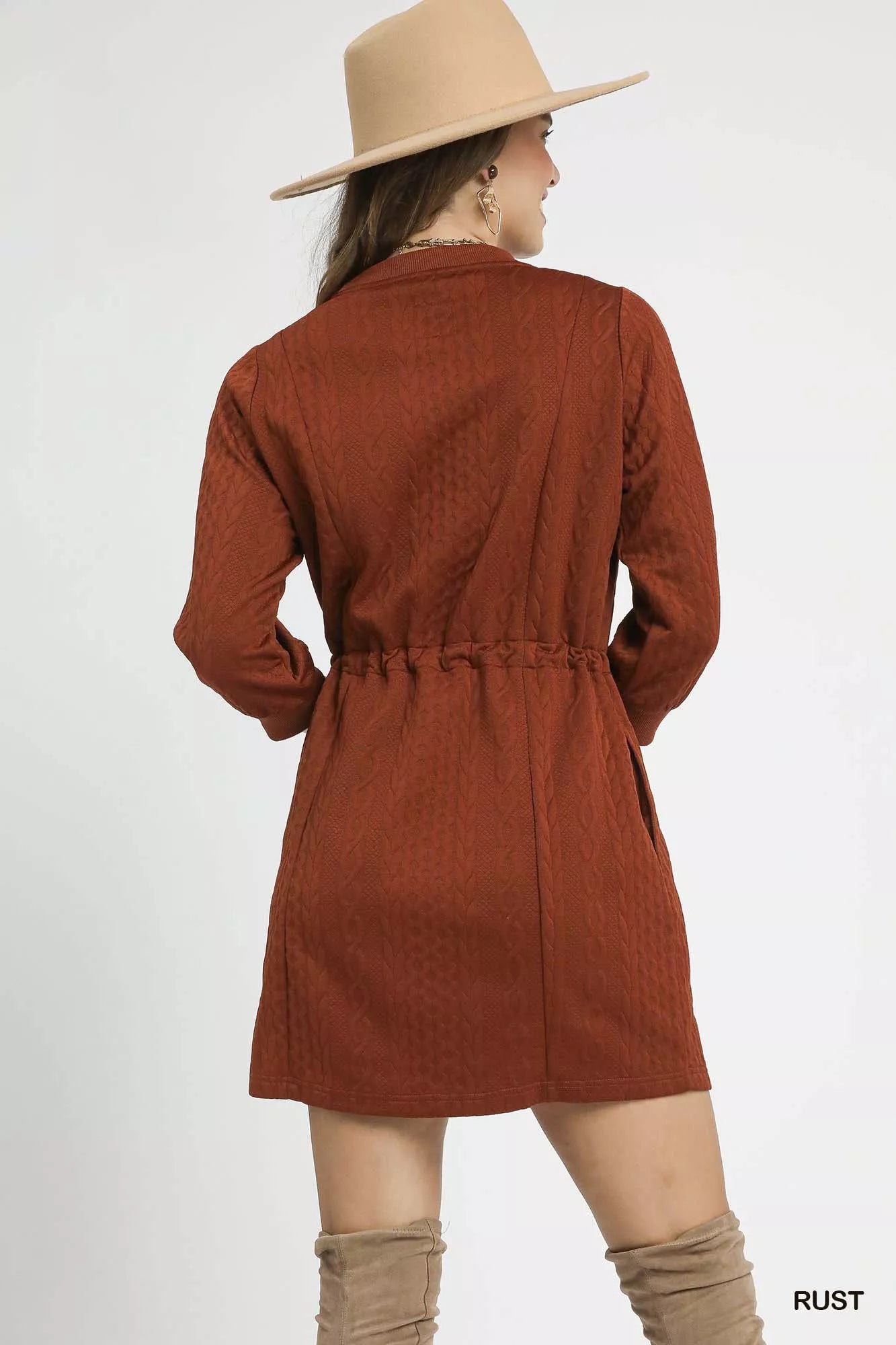 Umgee Drawstring Cable Knit Mini Dress with Pockets b068aa0e-aa97-456b-a91e-0f34abebcb3b-Max-Origin