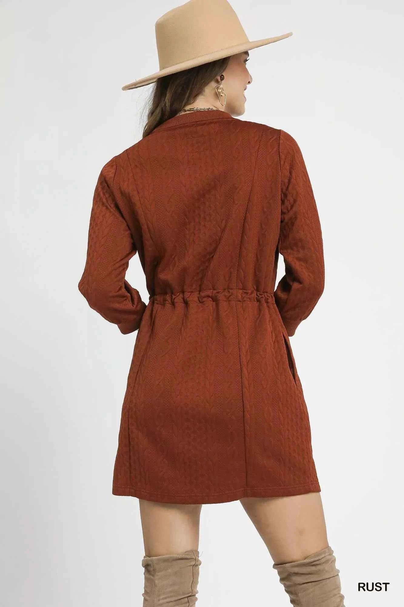 Umgee Drawstring Cable Knit Mini Dress with Pockets Umgee Drawstring Cable Knit Mini Dress with Pockets